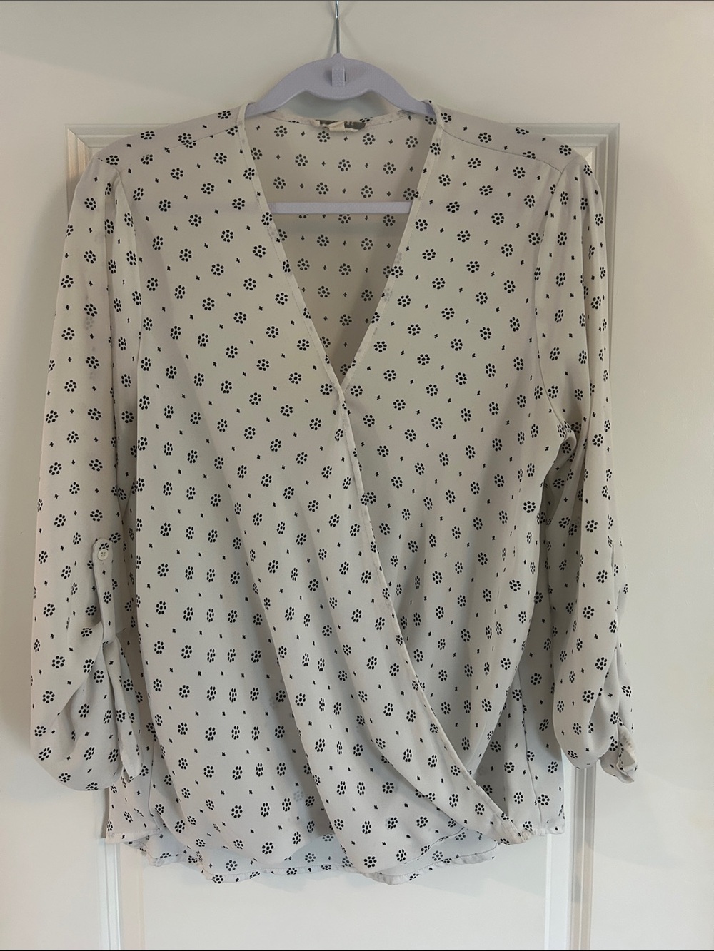 Pleione Cream Wrap-Style Blouse with Black Dot Floral Print